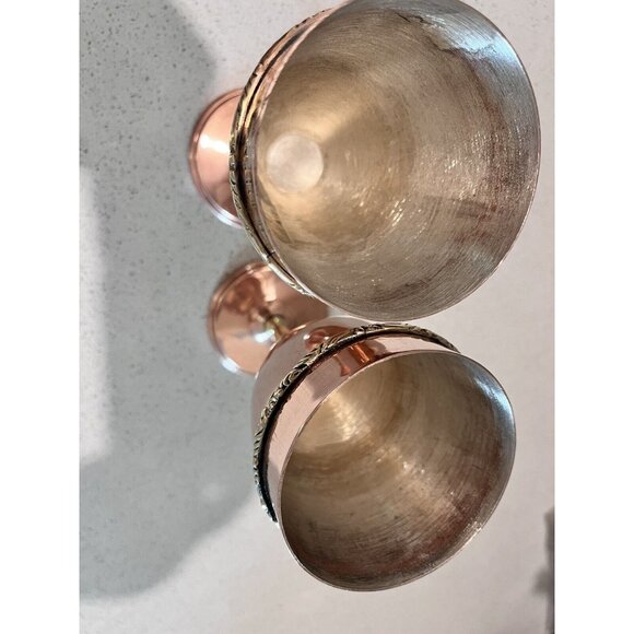 Set of 2 Orfe Mexican? Copper over Silver Wine Goblets Brass Stems Mixed Metals - Picture 5 of 14
